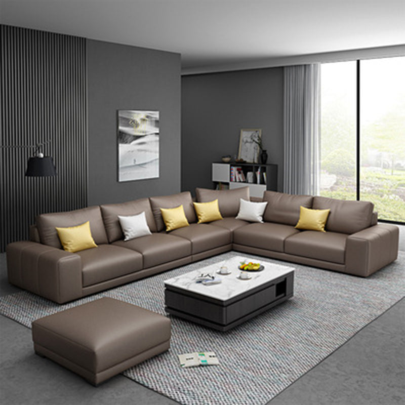 Contemporary Right Hand Facing Sectional Faux Leather Corner Sofa with Ottoman Brown Clearhalo 'furn' 'furn_sectionals' 'Furniture' 'furniture_sectionals' 'Living Room Furniture' 'Sectionals' 4883342