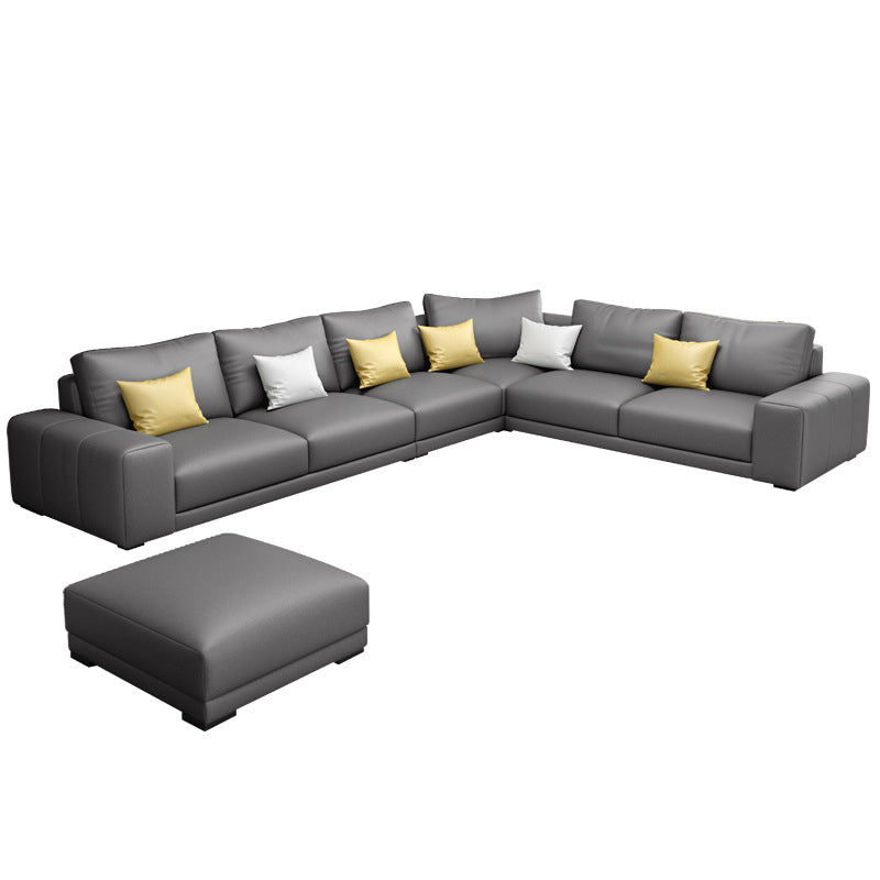 Contemporary Right Hand Facing Sectional Faux Leather Corner Sofa with Ottoman Grey Memory Foam Clearhalo 'furn' 'furn_sectionals' 'Furniture' 'furniture_sectionals' 'Living Room Furniture' 'Sectionals' 4883345