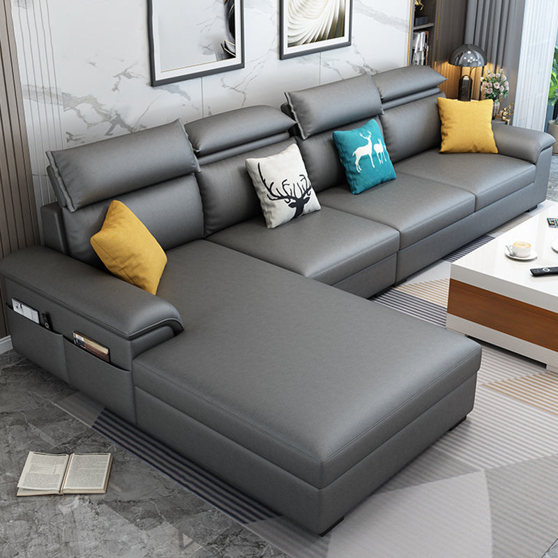 Contemporary Pillow Back Cushions Sectional Fabric/Faux Leather Sofa with Storage Grey Faux Leather Clearhalo 'Furniture' 'furniture_sectionals' 'Living Room Furniture' 'Sectionals' 4883353