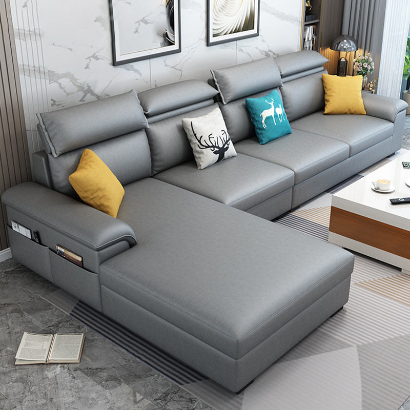 Contemporary Pillow Back Cushions Sectional Fabric/Faux Leather Sofa with Storage Light Gray Faux Leather Clearhalo 'Furniture' 'furniture_sectionals' 'Living Room Furniture' 'Sectionals' 4883354