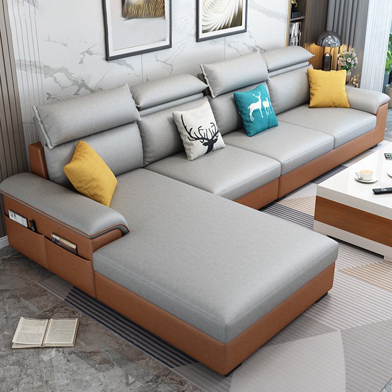 Contemporary Pillow Back Cushions Sectional Fabric/Faux Leather Sofa with Storage Grey Orange Faux Leather Memory Foam Clearhalo 'Furniture' 'furniture_sectionals' 'Living Room Furniture' 'Sectionals' 4883357