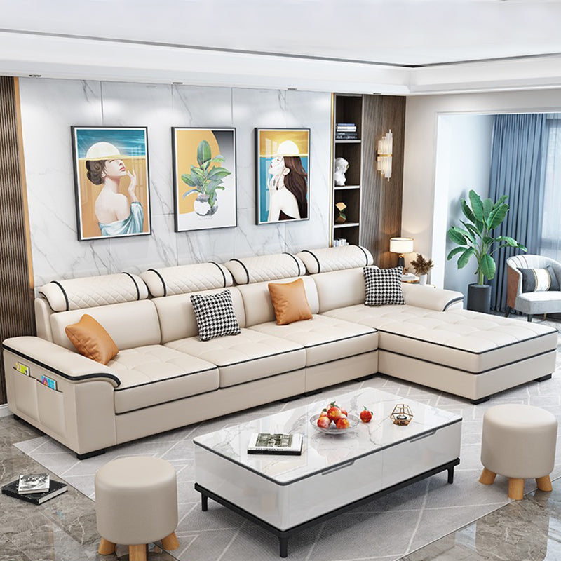 Faux Leather/Fabric Sectionals Pillow Top Arm Sofa with Reversible Chaise Khaki Clearhalo 'furn' 'furn_sectionals' 'Furniture' 'furniture_sectionals' 'Living Room Furniture' 'Sectionals' 4883398