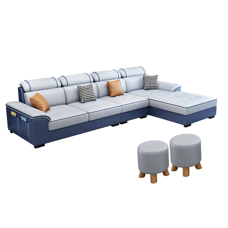 Faux Leather/Fabric Sectionals Pillow Top Arm Sofa with Reversible Chaise Blue Clearhalo 'furn' 'furn_sectionals' 'Furniture' 'furniture_sectionals' 'Living Room Furniture' 'Sectionals' 4883399