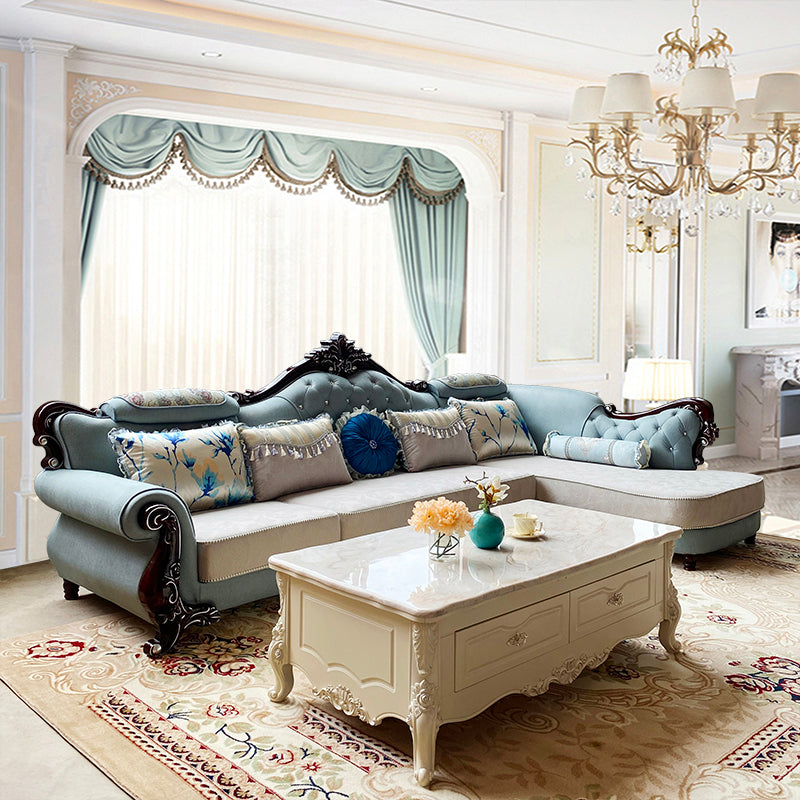 133.86"L x 74.8"W x 47.24"H Glam 5-Seat Cushion Back Sectional Rolled Arm Sofa and Chaise Lake Blue Right Clearhalo 'furn' 'furn_sectionals' 'Furniture' 'furniture_sectionals' 'Living Room Furniture' 'Sectionals' 4883449