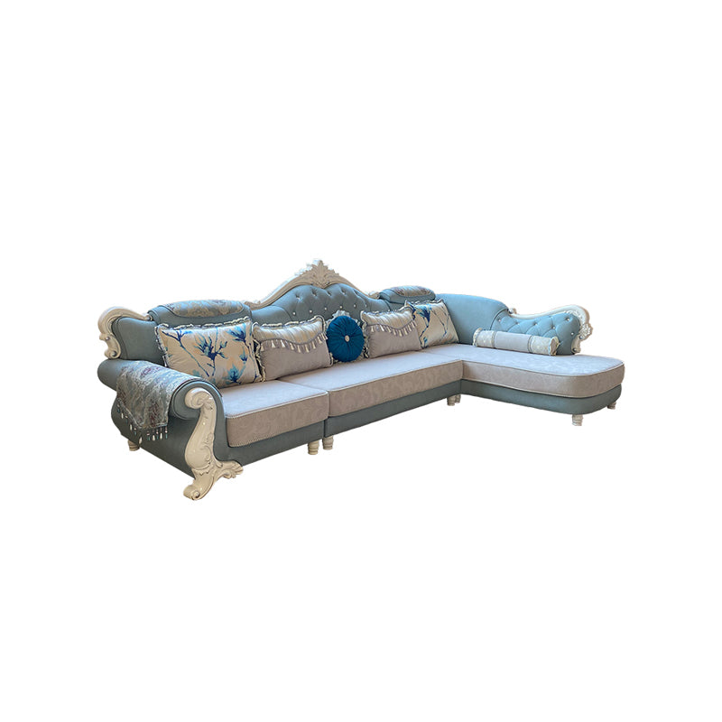 133.86"L x 74.8"W x 47.24"H Glam 5-Seat Cushion Back Sectional Rolled Arm Sofa and Chaise Light Blue Right Clearhalo 'furn' 'furn_sectionals' 'Furniture' 'furniture_sectionals' 'Living Room Furniture' 'Sectionals' 4883454