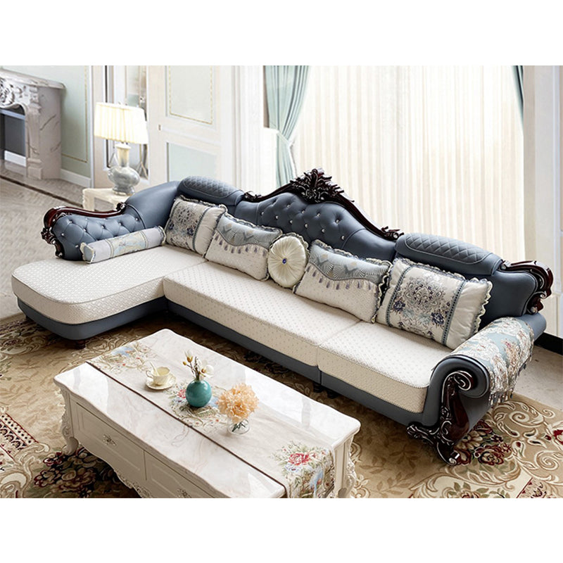 133.86"L x 74.8"W x 47.24"H Glam 5-Seat Cushion Back Sectional Rolled Arm Sofa and Chaise Dark Blue Left Clearhalo 'furn' 'furn_sectionals' 'Furniture' 'furniture_sectionals' 'Living Room Furniture' 'Sectionals' 4883462