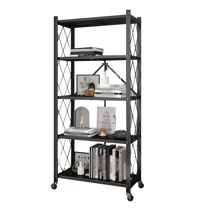 Foldable Bookshelf Scandinavian Style Bookcase for Home Office with Casters 28"L x 14.2"W x 64.2"H Black Clearhalo 'Bookcases' 'furn' 'furn_bookcases' 'Furniture' 'furniture_bookcases' 'Office Furniture' 4887091