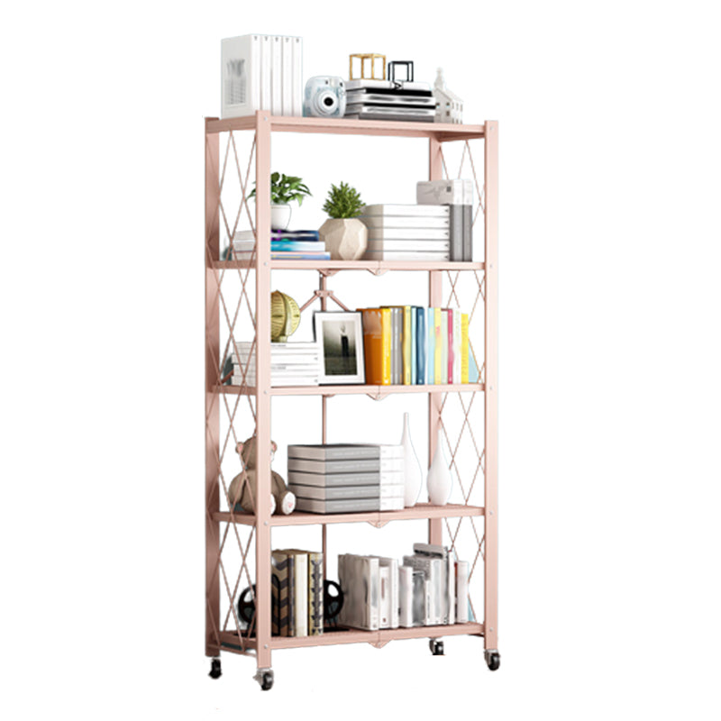 Foldable Bookshelf Scandinavian Style Bookcase for Home Office with Casters 28"L x 14.2"W x 63.4"H Pink Clearhalo 'Bookcases' 'furn' 'furn_bookcases' 'Furniture' 'furniture_bookcases' 'Office Furniture' 4887106