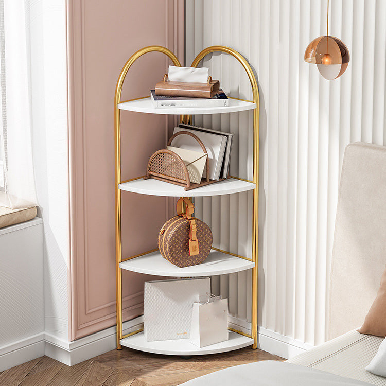 Scandinavian Open Corner Bookshelf with Iron Frame Manufactured Wood Bookcase 11.8"L x 11.8"W x 43.7"H White-Gold Clearhalo 'Bookcases' 'furn' 'furn_bookcases' 'Furniture' 'furniture_bookcases' 'Office Furniture' 4887231