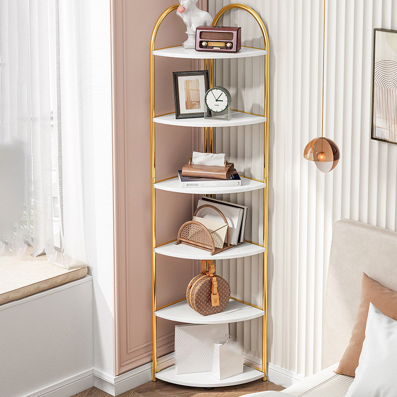 Scandinavian Open Corner Bookshelf with Iron Frame Manufactured Wood Bookcase 11.8"L x 11.8"W x 68.1"H White-Gold Clearhalo 'Bookcases' 'furn' 'furn_bookcases' 'Furniture' 'furniture_bookcases' 'Office Furniture' 4887238