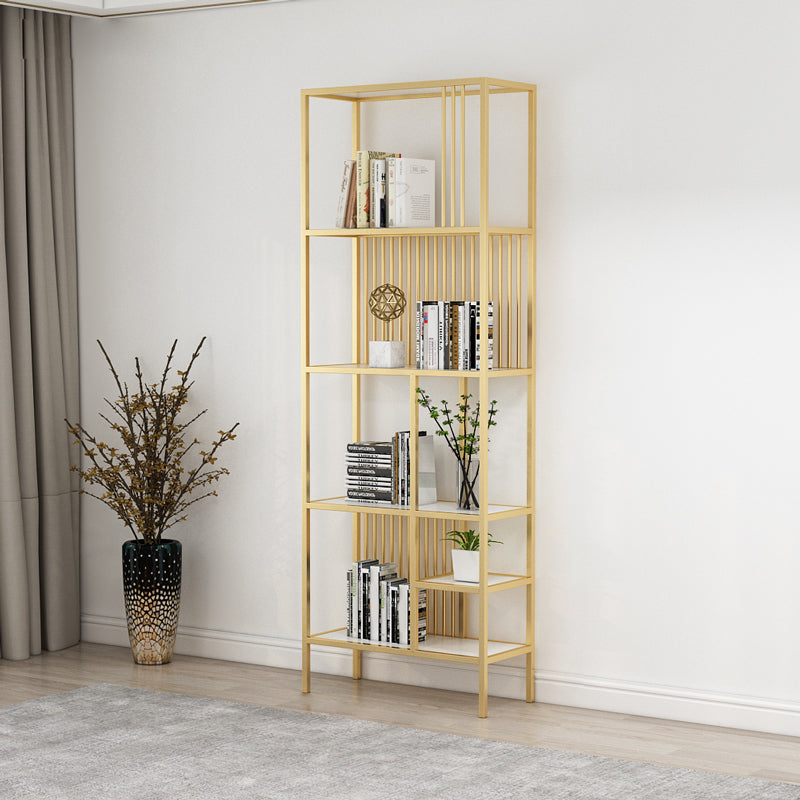 Metal Open Back Bookshelf Industrial Vertical Bookcase for Living Room 23.6"L x 11.8"W x 76.8"H White-Gold Clearhalo 'Bookcases' 'furn' 'furn_bookcases' 'Furniture' 'furniture_bookcases' 'Office Furniture' 4887382