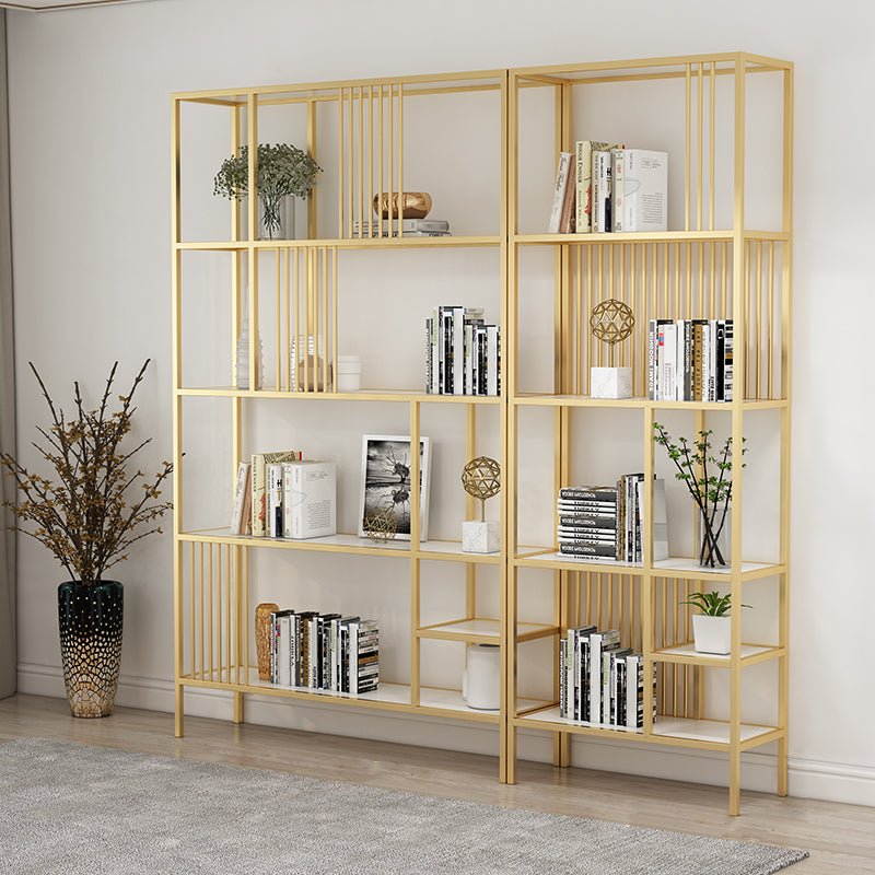 Metal Open Back Bookshelf Industrial Vertical Bookcase for Living Room 59.1"L x 11.8"W x 76.8"H White-Gold Clearhalo 'Bookcases' 'furn' 'furn_bookcases' 'Furniture' 'furniture_bookcases' 'Office Furniture' 4887386
