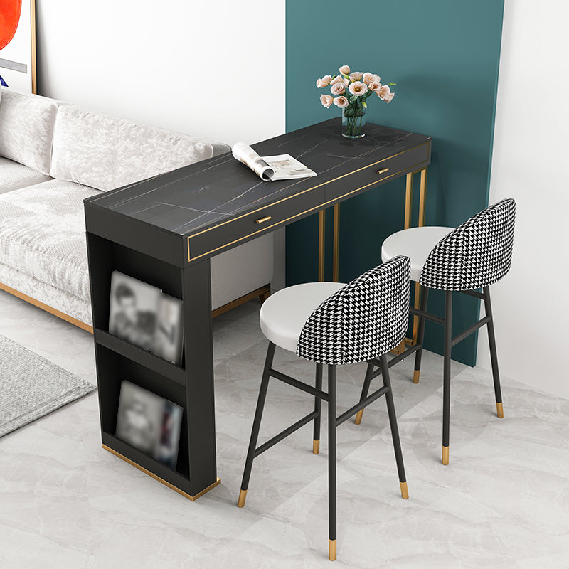Glam Iron Bar Dining Table Faux Marble Top Indoor Bistro Table with 2-Drawer 63"L x 15.7"W x 41.3"H Black Without Chairs Clearhalo 'Bar Furniture' 'Bar Tables' 'bar_tables' 'furn' 'furn_bar_tables' 'Furniture' 'furniture_bar_tables' 'Kitchen & Dining Furniture' 4888312