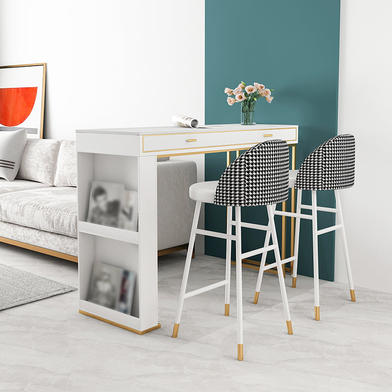 Glam Iron Bar Dining Table Faux Marble Top Indoor Bistro Table with 2-Drawer 55.1"L x 15.7"W x 41.3"H White-Gold Without Chairs Clearhalo 'Bar Furniture' 'Bar Tables' 'bar_tables' 'furn' 'furn_bar_tables' 'Furniture' 'furniture_bar_tables' 'Kitchen & Dining Furniture' 4888314