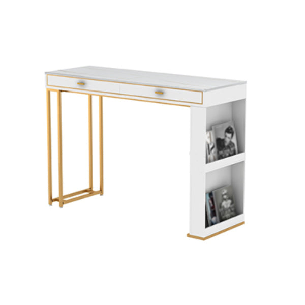 Glam Iron Bar Dining Table Faux Marble Top Indoor Bistro Table with 2-Drawer 47.2"L x 15.7"W x 41.3"H White-Gold Without Chairs Clearhalo 'Bar Furniture' 'Bar Tables' 'bar_tables' 'furn' 'furn_bar_tables' 'Furniture' 'furniture_bar_tables' 'Kitchen & Dining Furniture' 4888315