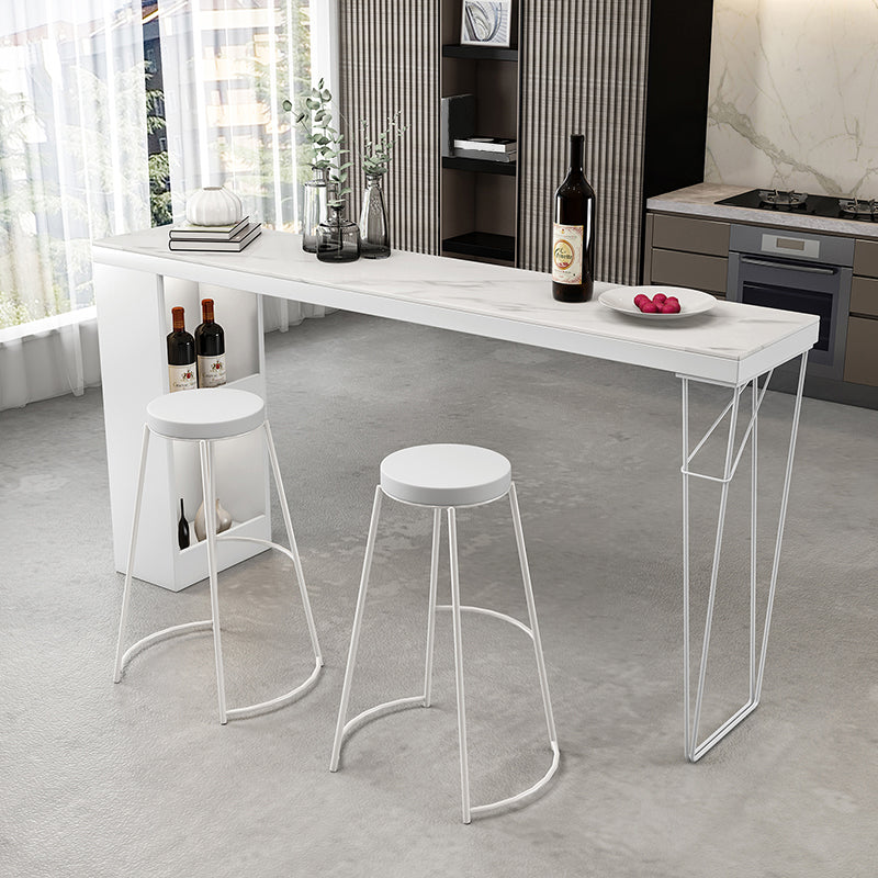 Industrial White Wood Bar Dining Table Stone Top Rectangle Indoor Bistro Table with Shelf 70.9"L x 15.7"W x 41.3"H White Without Chairs Clearhalo 'Bar Furniture' 'Bar Tables' 'bar_tables' 'furn' 'furn_bar_tables' 'Furniture' 'furniture_bar_tables' 'Kitchen & Dining Furniture' 4888329