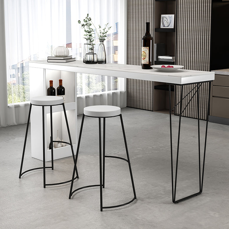 Industrial White Wood Bar Dining Table Stone Top Rectangle Indoor Bistro Table with Shelf 70.9"L x 15.7"W x 41.3"H White-Black Without Chairs Clearhalo 'Bar Furniture' 'Bar Tables' 'bar_tables' 'furn' 'furn_bar_tables' 'Furniture' 'furniture_bar_tables' 'Kitchen & Dining Furniture' 4888330
