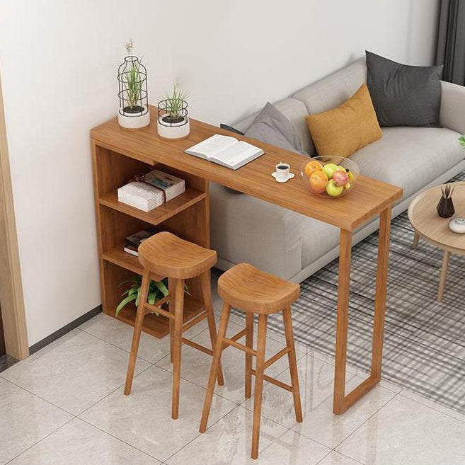 Modern Wood Bar Dining Table Rectangle Indoor Bistro Table with Shelf 63"L x 17.7"W x 41.3"H Walnut Without Chairs Clearhalo 'Bar Furniture' 'Bar Tables' 'bar_tables' 'furn' 'furn_bar_tables' 'Furniture' 'furniture_bar_tables' 'Kitchen & Dining Furniture' 4888369