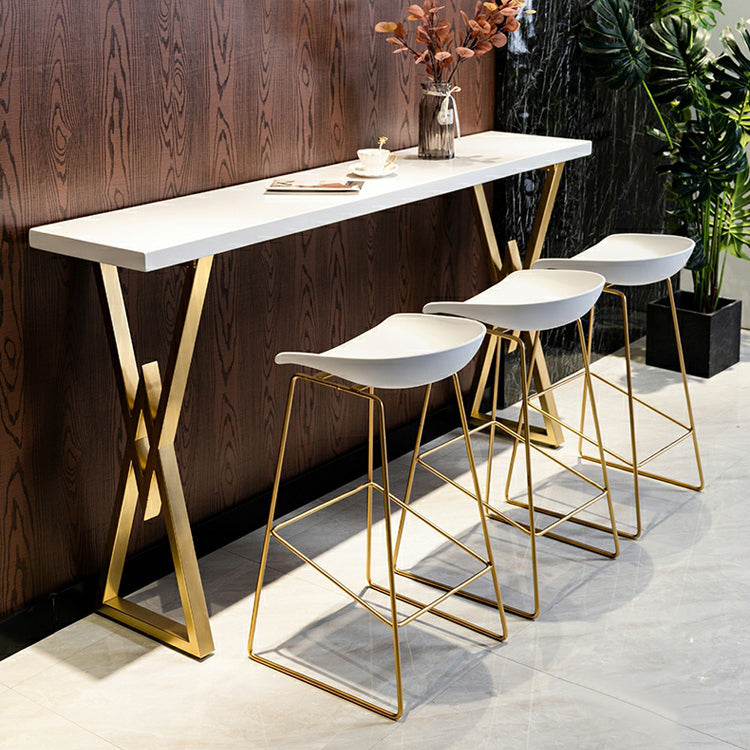 Glam Gold Iron Bar Dining Table White Wood Rectangle Indoor Bistro Table Clearhalo 'Bar Furniture' 'Bar Tables' 'bar_tables' 'furn' 'furn_bar_tables' 'Furniture' 'furniture_bar_tables' 'Kitchen & Dining Furniture' 4888426