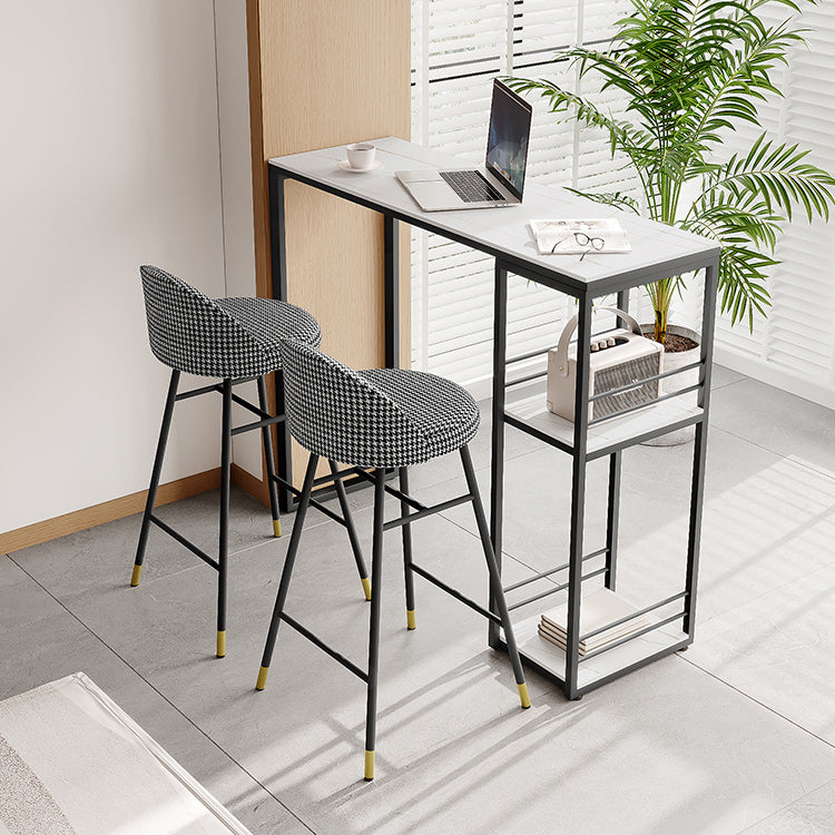 Industrial Black Iron Bar Dining Table Stone Top Rectangle Indoor Bistro Table with Shelf 55.1"L x 15.7"W x 41.3"H White Without Chairs Clearhalo 'Bar Furniture' 'Bar Tables' 'bar_tables' 'furn' 'furn_bar_tables' 'Furniture' 'furniture_bar_tables' 'Kitchen & Dining Furniture' 4888438