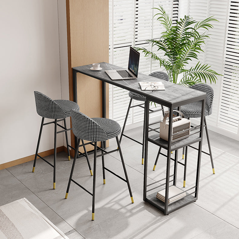 Industrial Black Iron Bar Dining Table Stone Top Rectangle Indoor Bistro Table with Shelf 47.2"L x 15.7"W x 41.3"H Gray Without Chairs Clearhalo 'Bar Furniture' 'Bar Tables' 'bar_tables' 'furn' 'furn_bar_tables' 'Furniture' 'furniture_bar_tables' 'Kitchen & Dining Furniture' 4888440
