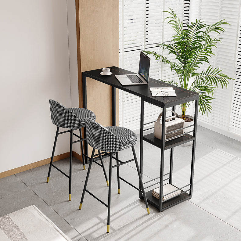 Industrial Black Iron Bar Dining Table Stone Top Rectangle Indoor Bistro Table with Shelf 47.2"L x 15.7"W x 41.3"H Black Without Chairs Clearhalo 'Bar Furniture' 'Bar Tables' 'bar_tables' 'furn' 'furn_bar_tables' 'Furniture' 'furniture_bar_tables' 'Kitchen & Dining Furniture' 4888441