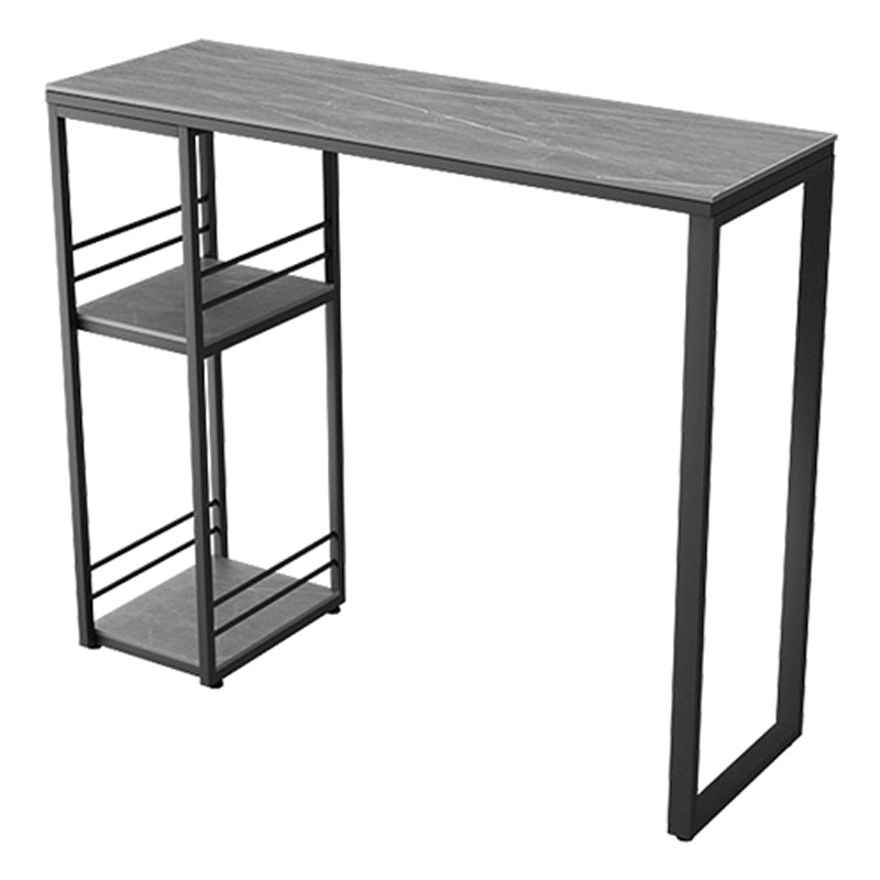 Industrial Black Iron Bar Dining Table Stone Top Rectangle Indoor Bistro Table with Shelf 55.1"L x 15.7"W x 41.3"H Gray Without Chairs Clearhalo 'Bar Furniture' 'Bar Tables' 'bar_tables' 'furn' 'furn_bar_tables' 'Furniture' 'furniture_bar_tables' 'Kitchen & Dining Furniture' 4888442