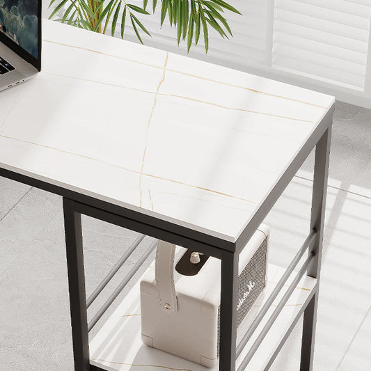 Industrial Black Iron Bar Dining Table Stone Top Rectangle Indoor Bistro Table with Shelf Clearhalo 'Bar Furniture' 'Bar Tables' 'bar_tables' 'furn' 'furn_bar_tables' 'Furniture' 'furniture_bar_tables' 'Kitchen & Dining Furniture' 4888444