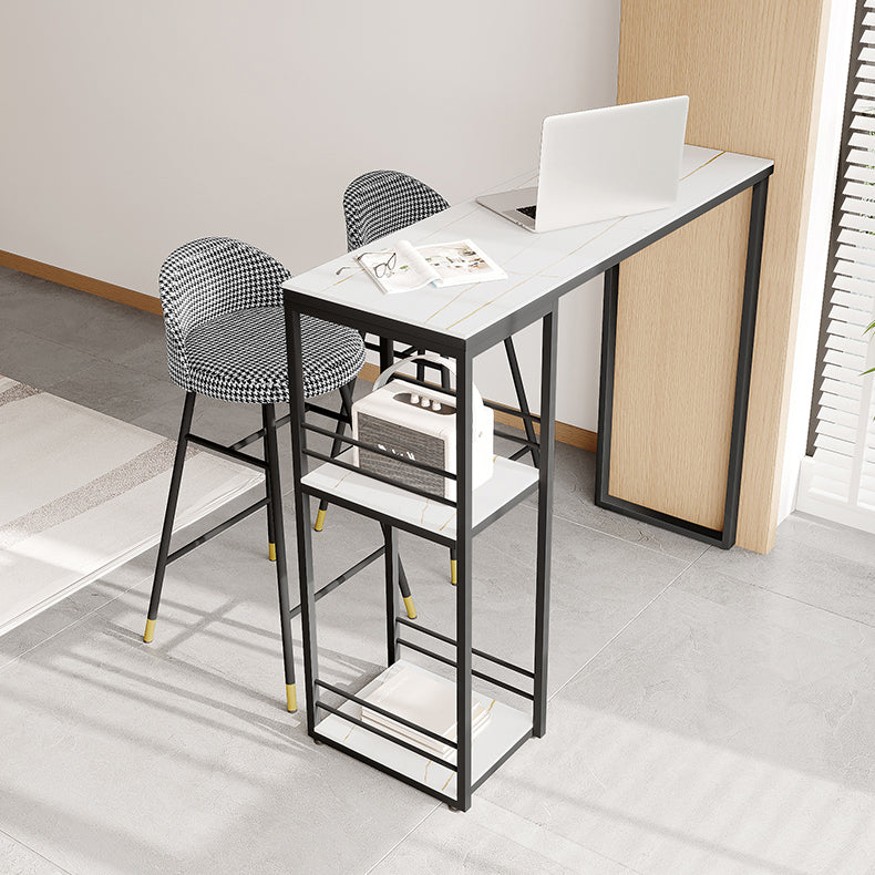 Industrial Black Iron Bar Dining Table Stone Top Rectangle Indoor Bistro Table with Shelf Clearhalo 'Bar Furniture' 'Bar Tables' 'bar_tables' 'furn' 'furn_bar_tables' 'Furniture' 'furniture_bar_tables' 'Kitchen & Dining Furniture' 4888451