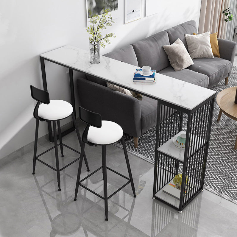Modern Iron Bar Dining Table White Stone Top Rectangle Indoor Bistro Table with Shelf 70.9"L x 15.7"W x 41.3"H Black Without Chairs Clearhalo 'Bar Furniture' 'Bar Tables' 'bar_tables' 'furn' 'furn_bar_tables' 'Furniture' 'furniture_bar_tables' 'Kitchen & Dining Furniture' 4888472