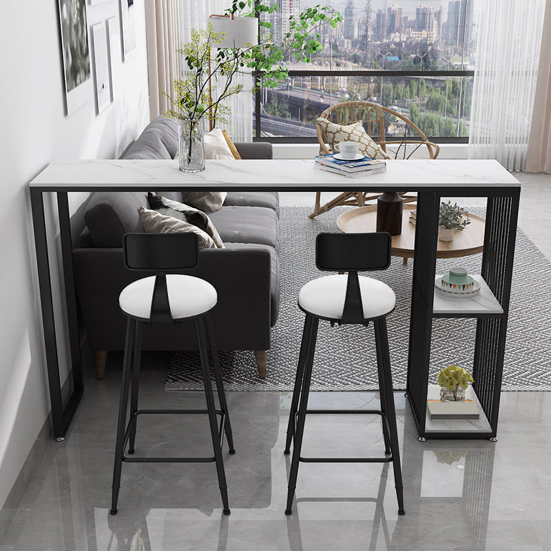Modern Iron Bar Dining Table White Stone Top Rectangle Indoor Bistro Table with Shelf 63"L x 15.7"W x 41.3"H Black Without Chairs Clearhalo 'Bar Furniture' 'Bar Tables' 'bar_tables' 'furn' 'furn_bar_tables' 'Furniture' 'furniture_bar_tables' 'Kitchen & Dining Furniture' 4888473