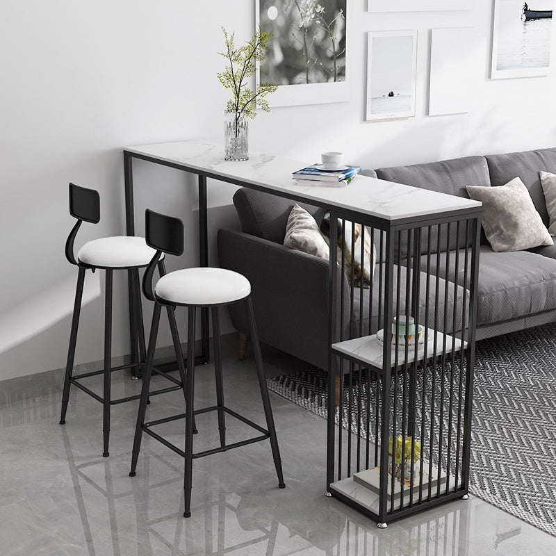 Modern Iron Bar Dining Table White Stone Top Rectangle Indoor Bistro Table with Shelf 55.1"L x 15.7"W x 41.3"H Black Without Chairs Clearhalo 'Bar Furniture' 'Bar Tables' 'bar_tables' 'furn' 'furn_bar_tables' 'Furniture' 'furniture_bar_tables' 'Kitchen & Dining Furniture' 4888474