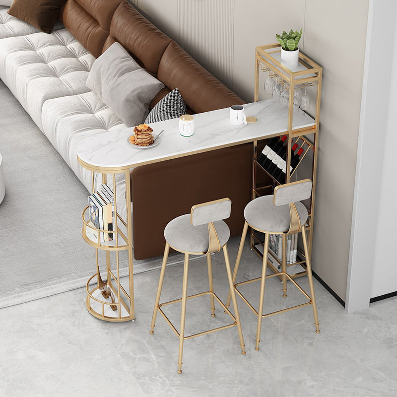 Modern Iron Bar Dining Table White Stone Top Indoor Bistro Table with Wine Rack 70.9"L x 15.7"W x 41.3"H Gold Without Chairs Clearhalo 'Bar Furniture' 'Bar Tables' 'bar_tables' 'furn' 'furn_bar_tables' 'Furniture' 'furniture_bar_tables' 'Kitchen & Dining Furniture' 4888509