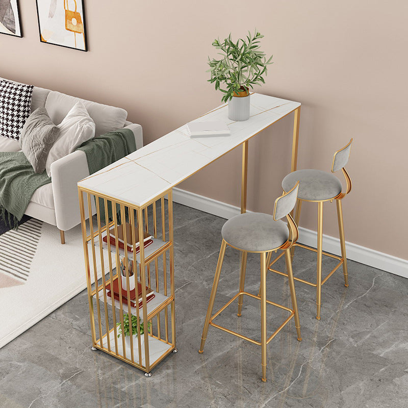 Contemporary Bar Counter Table Sintered Stone Table for Kitchen 86.6"L x 15.7"W x 41.3"H White-Gold Without Chairs Clearhalo 'Bar Furniture' 'Bar Tables' 'bar_tables' 'furn' 'furn_bar_tables' 'Furniture' 'furniture_bar_tables' 'Kitchen & Dining Furniture' 4888571