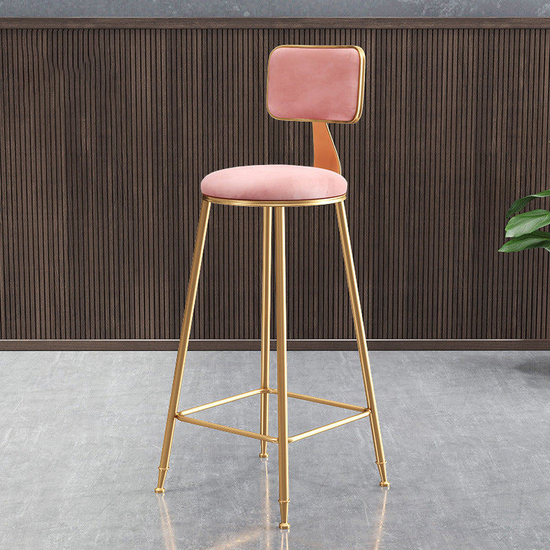 Nordic Style Backrest Counter Stool Iron Cafe Bar Stool with Cushion and Pedal Pink 1 Piece Clearhalo 'Bar Furniture' 'Bar Stools' 'bar_stools' 'furn' 'furn_bar_stools' 'Furniture' 'furniture_bar_stools' 'Kitchen & Dining Furniture' 4889413