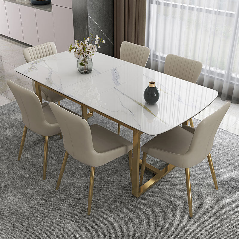 Glam 1/4/5/7 Pieces Dining Table Set with White Sintered Stone Top Scalable Dinette Set 7 Pieces: Table, 6 White Chairs Clearhalo 'Dining Room Sets' 'Dining Tables & Seating' 'dining_room_set' 'furn' 'furn_dining_room_set' 'Furniture' 'furniture_dining_room_set' 'Kitchen & Dining Furniture' 4889687