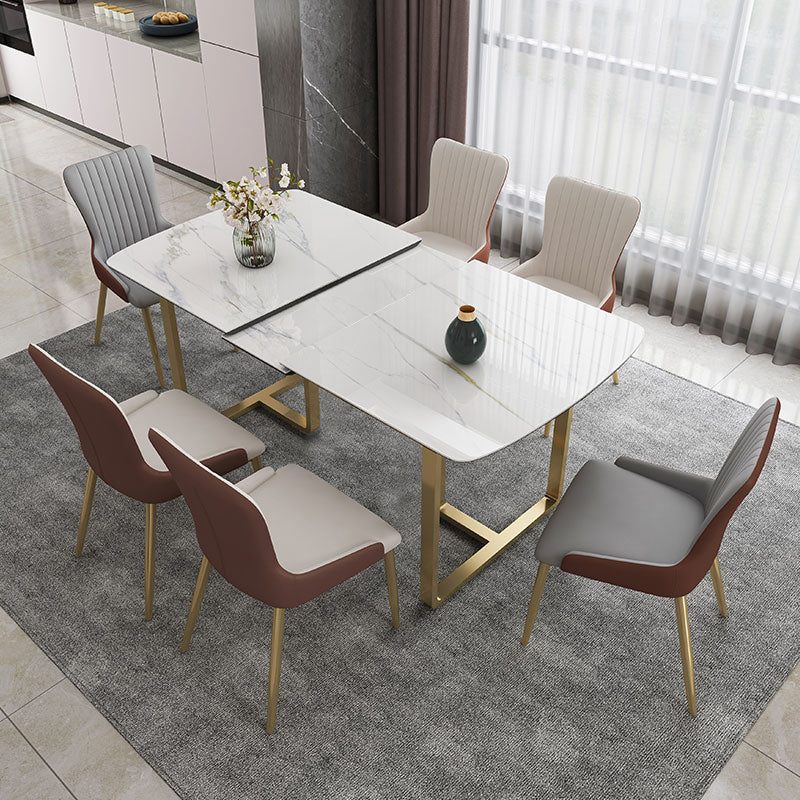Glam 1/4/5/7 Pieces Dining Table Set with White Sintered Stone Top Scalable Dinette Set 7 Pieces: Table, 4 White+2 Grey Chairs Clearhalo 'Dining Room Sets' 'Dining Tables & Seating' 'dining_room_set' 'furn' 'furn_dining_room_set' 'Furniture' 'furniture_dining_room_set' 'Kitchen & Dining Furniture' 4889692