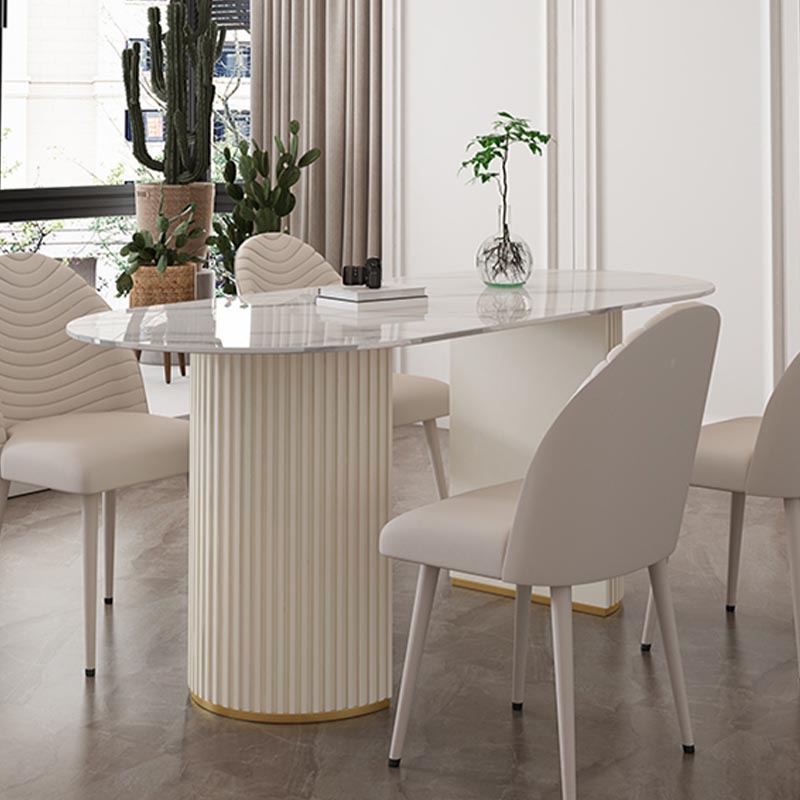 Metal Contemporary White Dining Table Marble Top Table with Double Pedestal Oval 55.1"L x 31.5"W x 29.5"H Without Chairs Clearhalo 'Dining Tables & Seating' 'Dining Tables' 'dining_table' 'furn' 'furn_dining_table' 'Furniture' 'furniture_dining_table' 'Kitchen & Dining Furniture' 'kitchen' 'kitchen_dining_table' 4890081