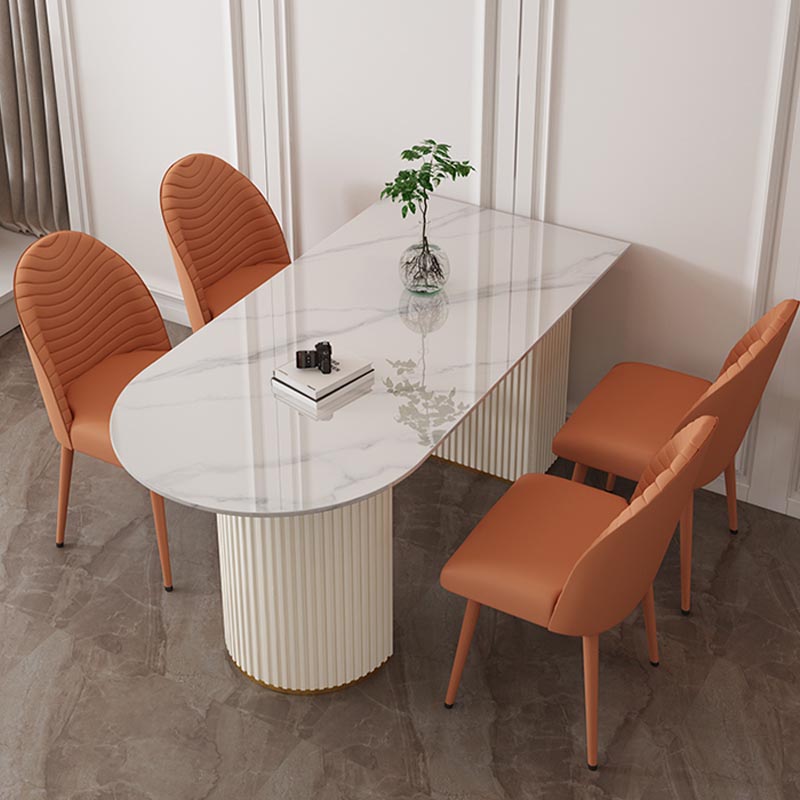 Metal Contemporary White Dining Table Marble Top Table with Double Pedestal Free Form 70.9"L x 31.5"W x 29.5"H Without Chairs Clearhalo 'Dining Tables & Seating' 'Dining Tables' 'dining_table' 'furn' 'furn_dining_table' 'Furniture' 'furniture_dining_table' 'Kitchen & Dining Furniture' 'kitchen' 'kitchen_dining_table' 4890083