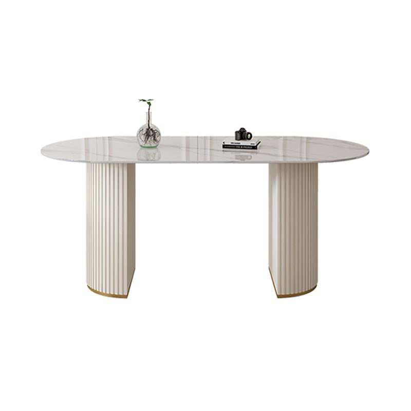 Metal Contemporary White Dining Table Marble Top Table with Double Pedestal Clearhalo 'Dining Tables & Seating' 'Dining Tables' 'dining_table' 'furn' 'furn_dining_table' 'Furniture' 'furniture_dining_table' 'Kitchen & Dining Furniture' 'kitchen' 'kitchen_dining_table' 4890084