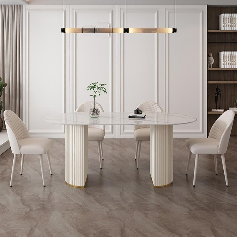 Metal Contemporary White Dining Table Marble Top Table with Double Pedestal Clearhalo 'Dining Tables & Seating' 'Dining Tables' 'dining_table' 'furn' 'furn_dining_table' 'Furniture' 'furniture_dining_table' 'Kitchen & Dining Furniture' 'kitchen' 'kitchen_dining_table' 4890088