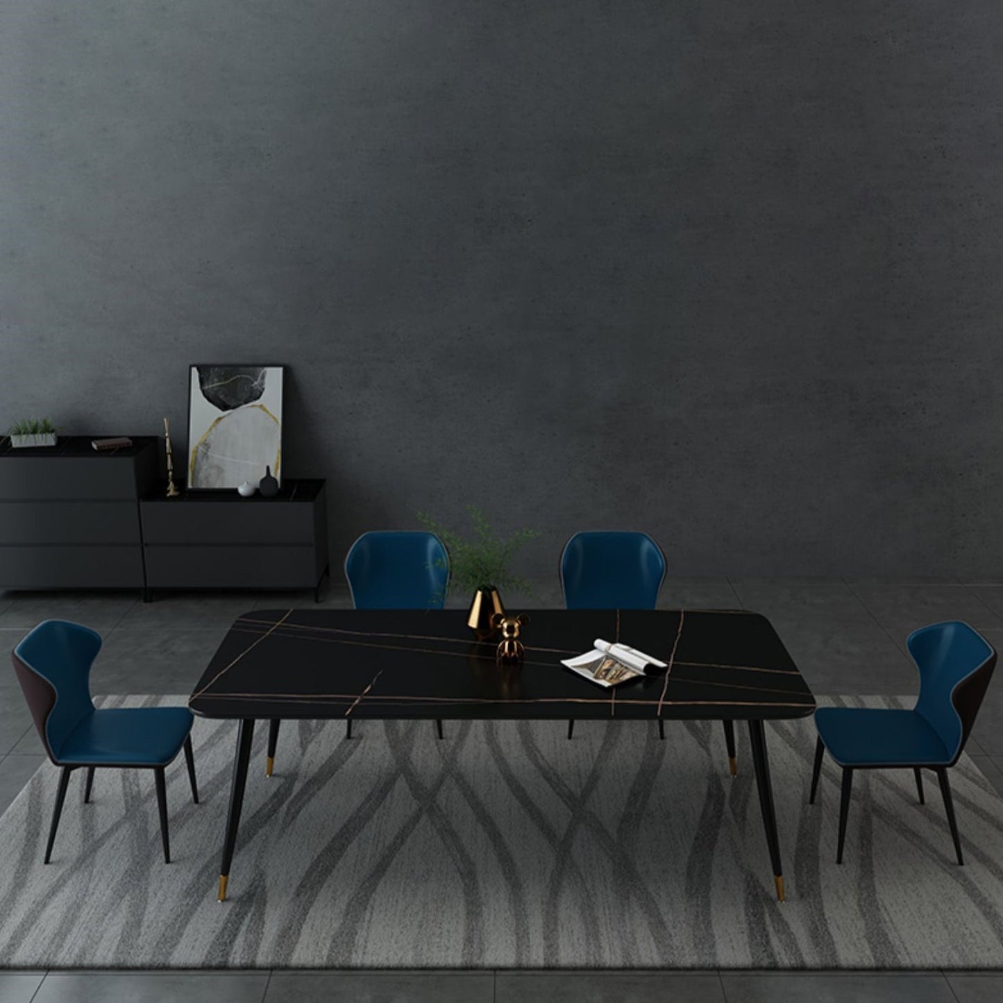 Industrial Style Stone Dining Table 4 Legs Dining Room Collection for Indoor Black 63"L x 31.5"W x 29.5"H Without Chairs Clearhalo 'Dining Tables & Seating' 'Dining Tables' 'dining_table' 'furn' 'furn_dining_table' 'Furniture' 'furniture_dining_table' 'Kitchen & Dining Furniture' 'kitchen' 'kitchen_dining_table' 4890165