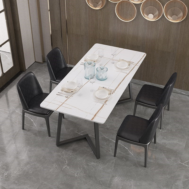 Modern Rectangle Stone Table for Restaurant Balck Metal Pedestal Dining Table White Gold Without Chairs Clearhalo 'Dining Tables & Seating' 'Dining Tables' 'dining_table' 'furn' 'furn_dining_table' 'Furniture' 'furniture_dining_table' 'Kitchen & Dining Furniture' 'kitchen' 'kitchen_dining_table' 4890388