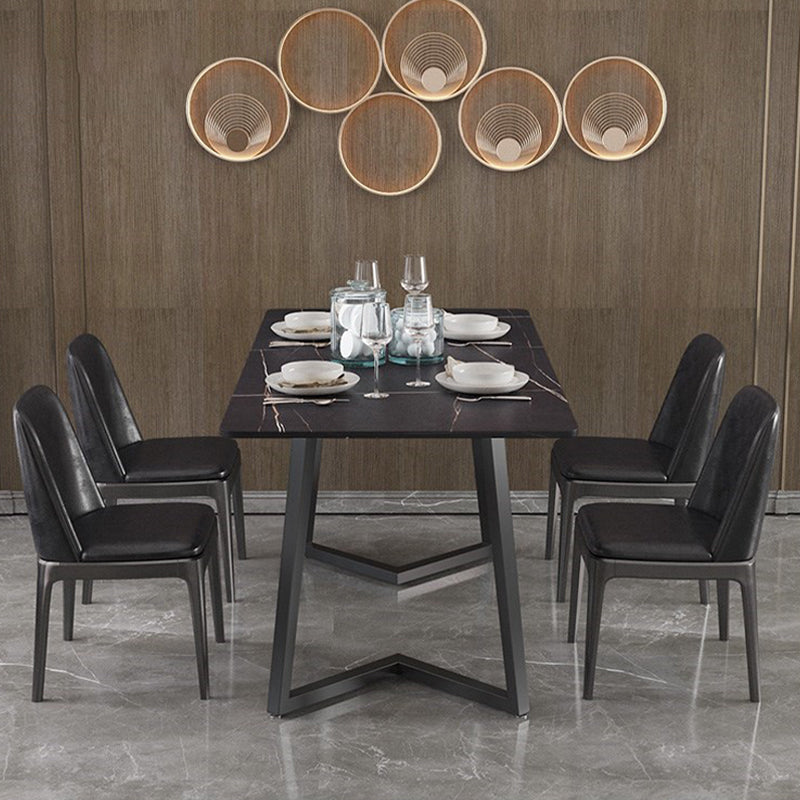 Modern Rectangle Stone Table for Restaurant Balck Metal Pedestal Dining Table Clearhalo 'Dining Tables & Seating' 'Dining Tables' 'dining_table' 'furn' 'furn_dining_table' 'Furniture' 'furniture_dining_table' 'Kitchen & Dining Furniture' 'kitchen' 'kitchen_dining_table' 4890399