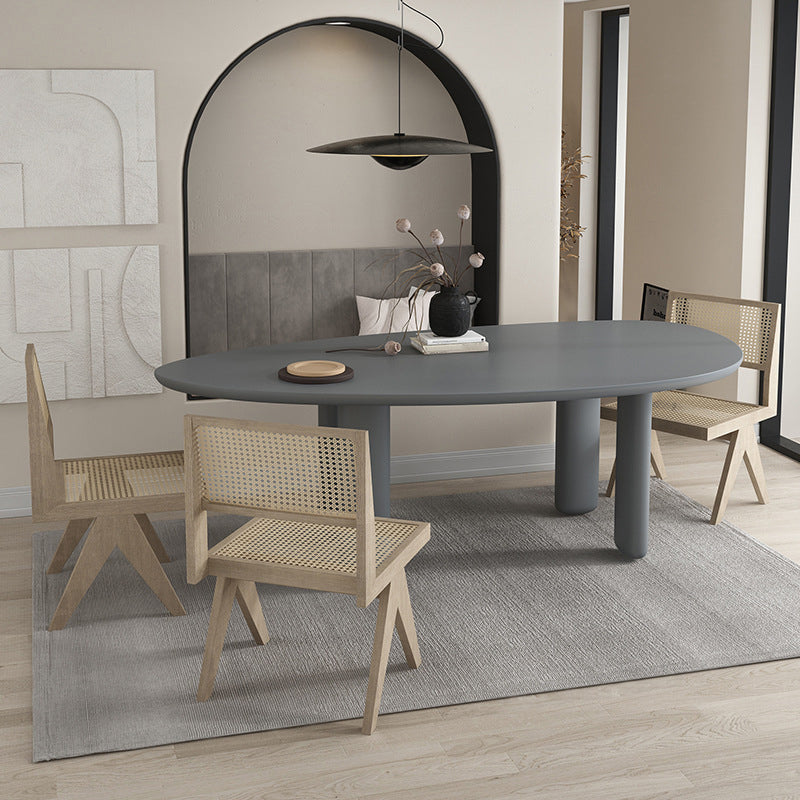 Nordic Simple Solid Wood Table for Restaurant Oval Table with Three Pedestal Gray 70.9"L x 35.4"W x 29.5"H Without Chairs Clearhalo 'Dining Tables & Seating' 'Dining Tables' 'dining_table' 'furn' 'furn_dining_table' 'Furniture' 'furniture_dining_table' 'Kitchen & Dining Furniture' 'kitchen' 'kitchen_dining_table' 4890419