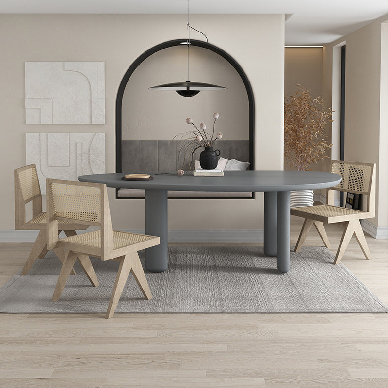 Nordic Simple Solid Wood Table for Restaurant Oval Table with Three Pedestal Gray 78.7"L x 39.4"W x 29.5"H Without Chairs Clearhalo 'Dining Tables & Seating' 'Dining Tables' 'dining_table' 'furn' 'furn_dining_table' 'Furniture' 'furniture_dining_table' 'Kitchen & Dining Furniture' 'kitchen' 'kitchen_dining_table' 4890421