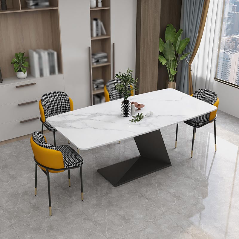 Stone Top Rectangle Dinner Table Modern Iron Pedestal Casual Dining Table White Without Chairs Clearhalo 'Dining Tables & Seating' 'Dining Tables' 'dining_table' 'furn' 'furn_dining_table' 'Furniture' 'furniture_dining_table' 'Kitchen & Dining Furniture' 'kitchen' 'kitchen_dining_table' 4890461