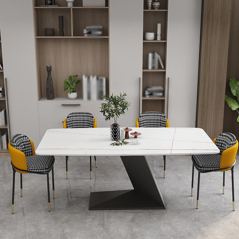 Stone Top Rectangle Dinner Table Modern Iron Pedestal Casual Dining Table White Gold Without Chairs Clearhalo 'Dining Tables & Seating' 'Dining Tables' 'dining_table' 'furn' 'furn_dining_table' 'Furniture' 'furniture_dining_table' 'Kitchen & Dining Furniture' 'kitchen' 'kitchen_dining_table' 4890464