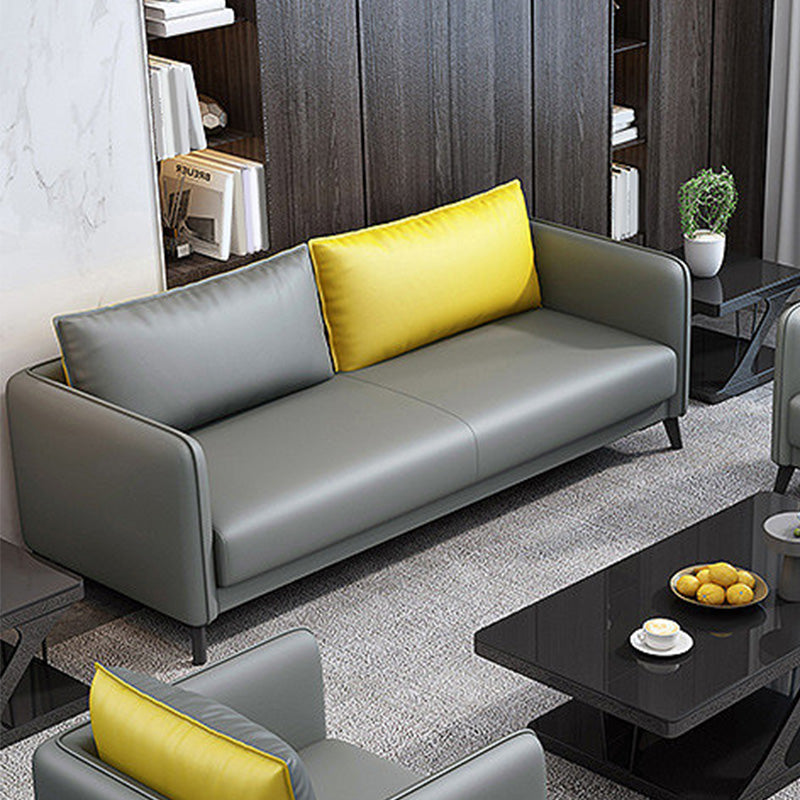 Standard Square Arm Leather Stain Resistant Sofa Couch with Pillows 66"L x 28"W x 25"H Gray-Yellow Clearhalo 'furn' 'furn_sofas' 'Furniture' 'furniture_sofas' 'Living Room Furniture' 'Sofa' 'sofas' 4895690