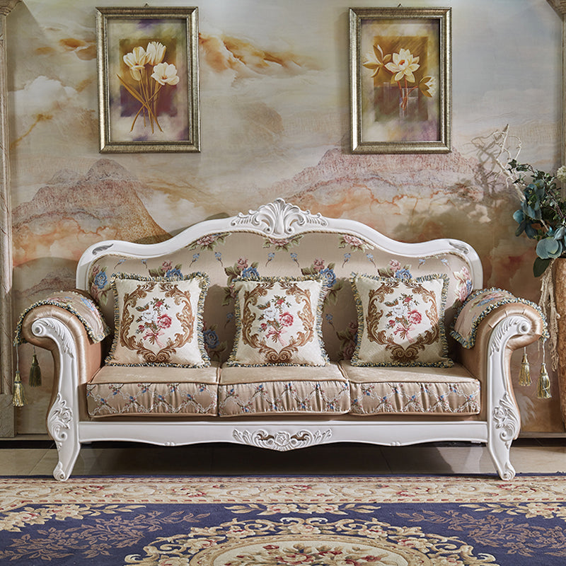 Velvet Rolled Arm Standard Sofa Couch with Pillows for Three People White-Gold Clearhalo 'furn' 'furn_sofas' 'Furniture' 'furniture_sofas' 'Living Room Furniture' 'Sofa' 'sofas' 4895938